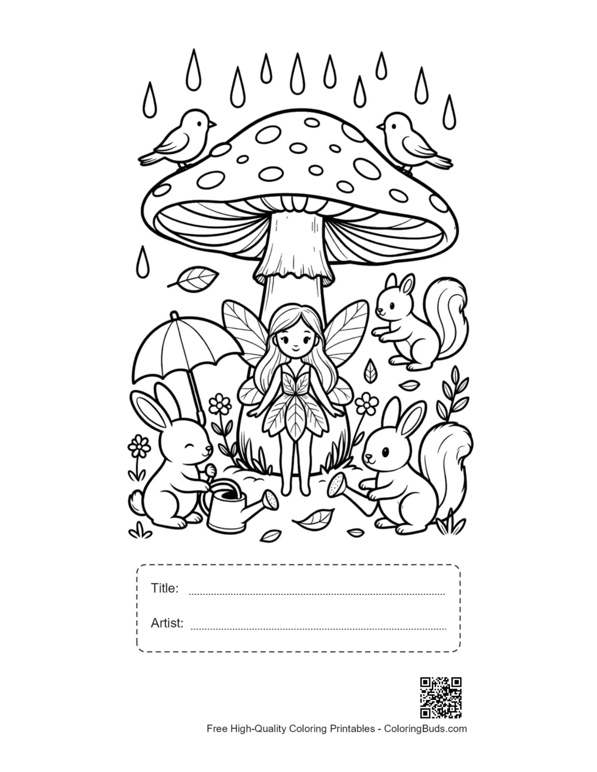 Garden fairy printable with title artist box coloring