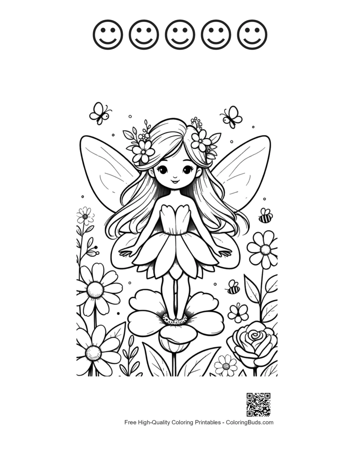 Winged fairy printable with 5 happy face outlines