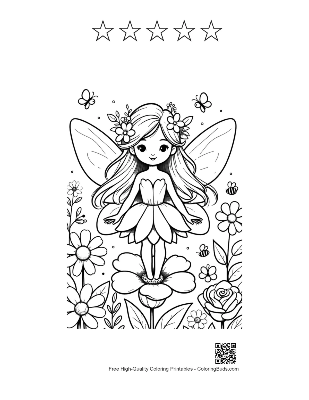 Beautiful fairy flower crown with 5 star outline printable