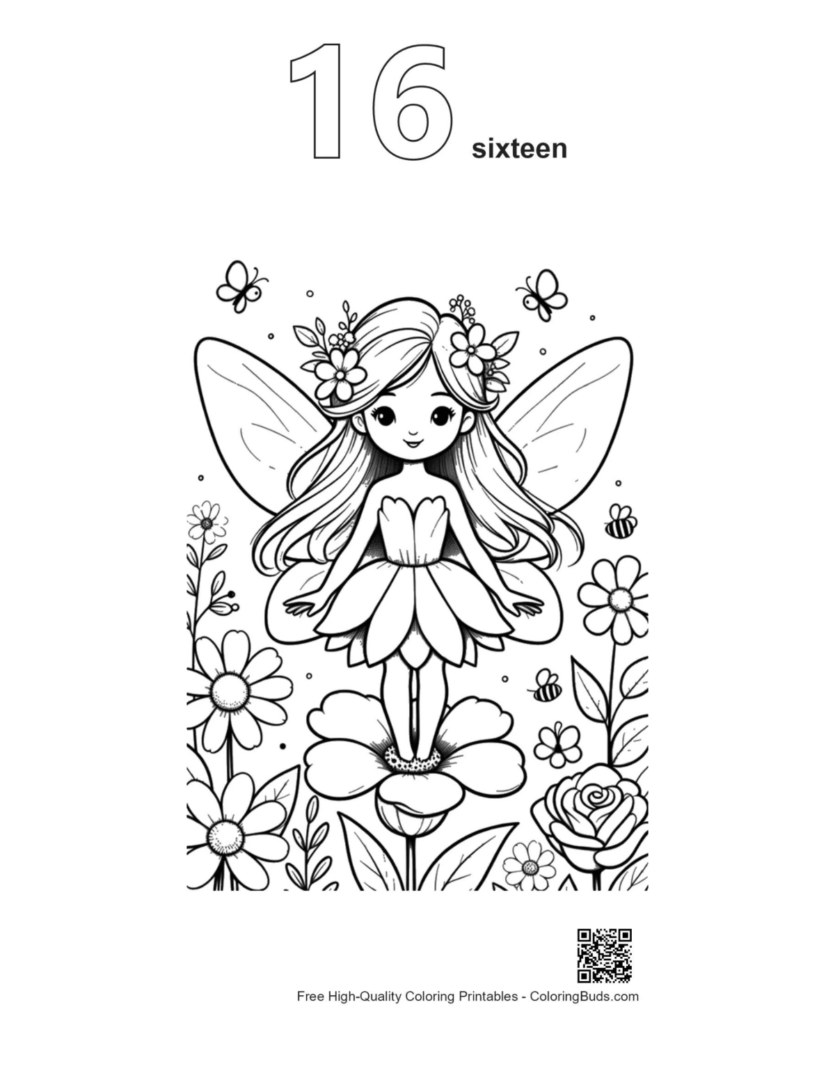 Winged fairy flower crown outline number 16 coloring page