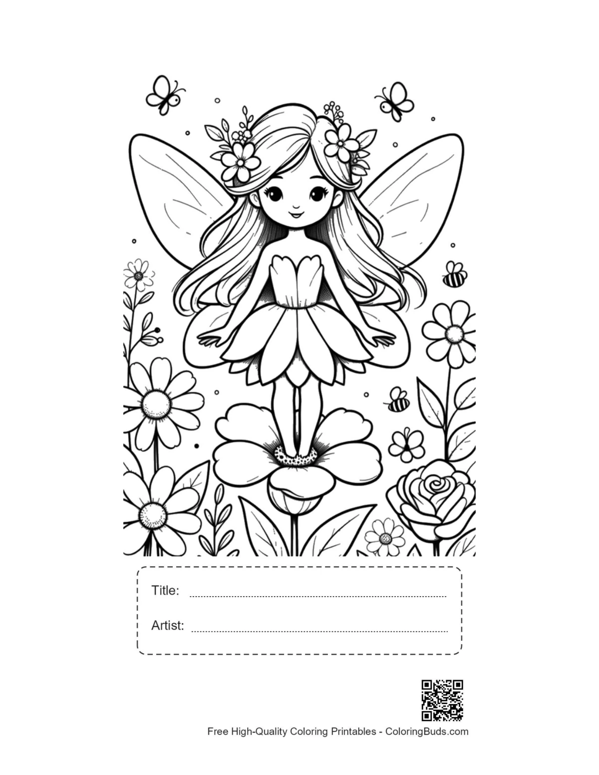 Beautiful winged fairy printable with title artist box