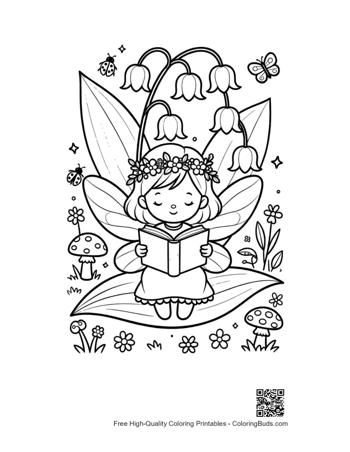 Cute flower fairy reading book garden printable coloring page