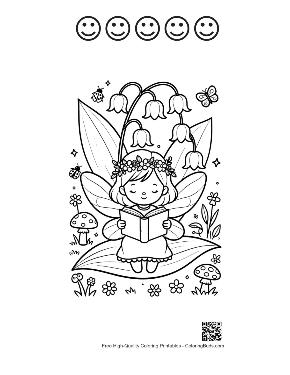 Cute fairy garden reading printable with 5 happy faces