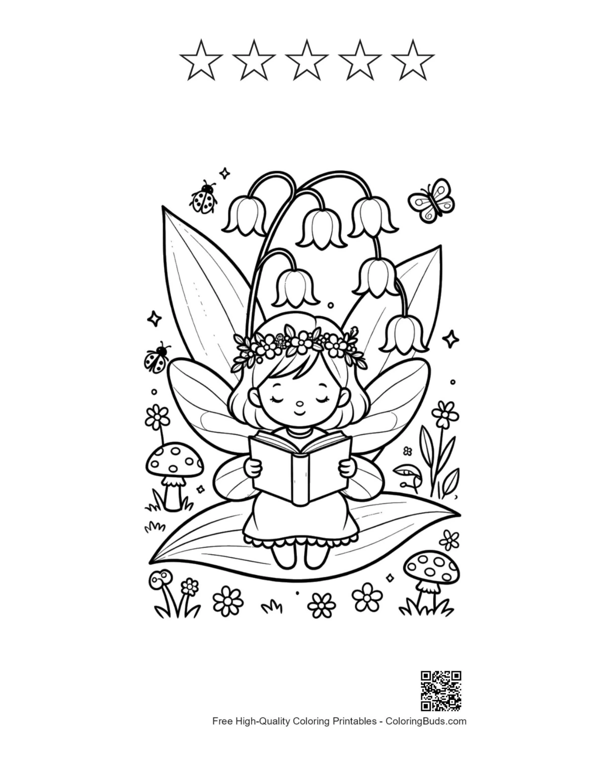 Garden fairy printable with 5 star outlines coloring page