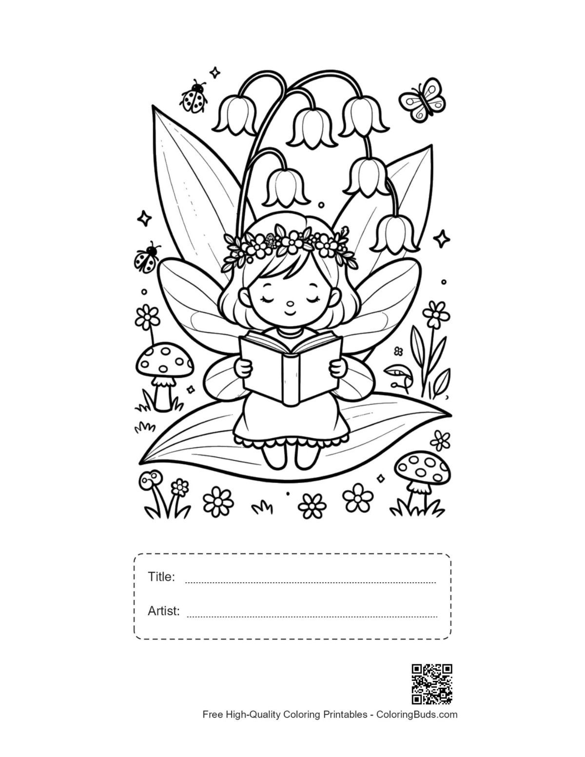 Garden fairy printable with title artist box coloring sheet
