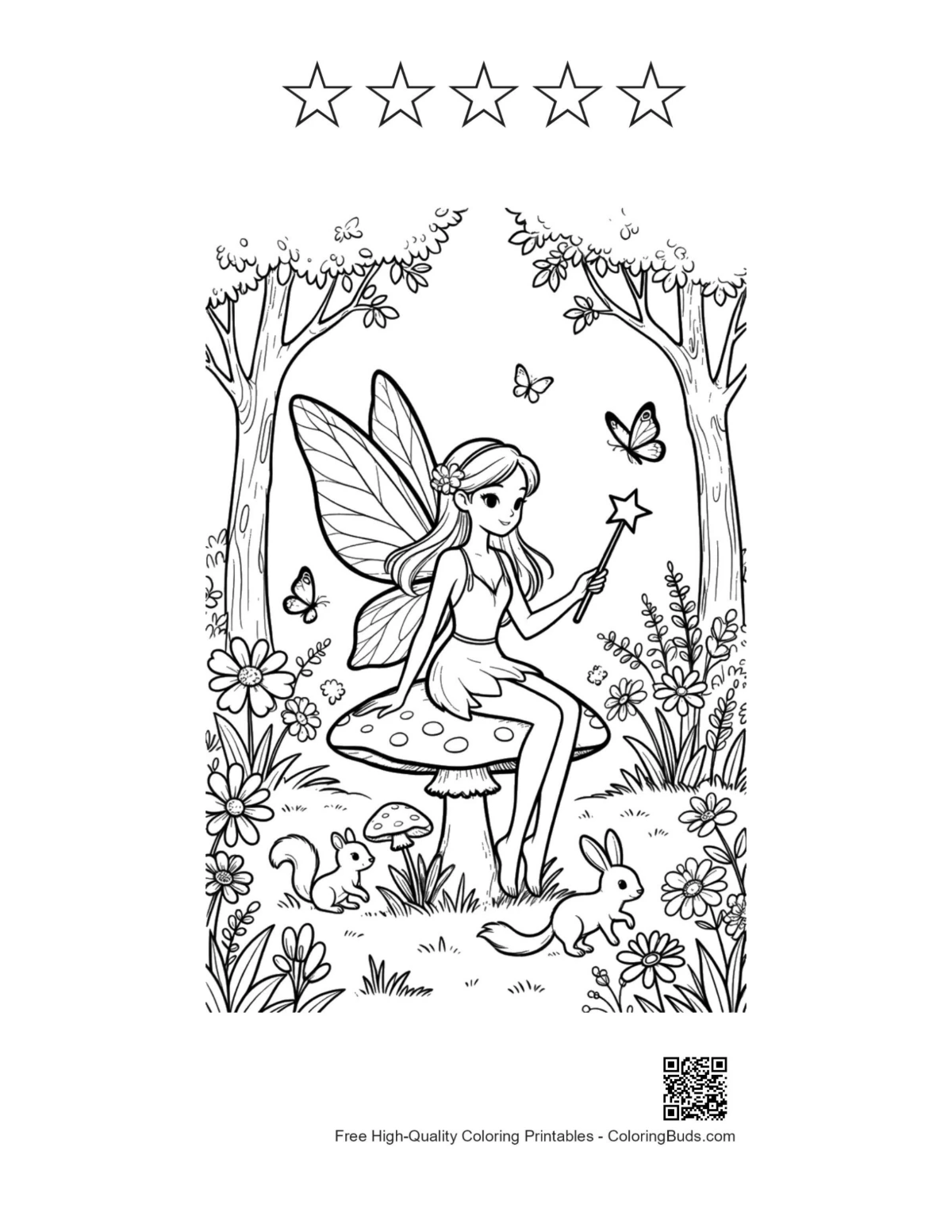 Cute fairy page with 5 star outlines printable