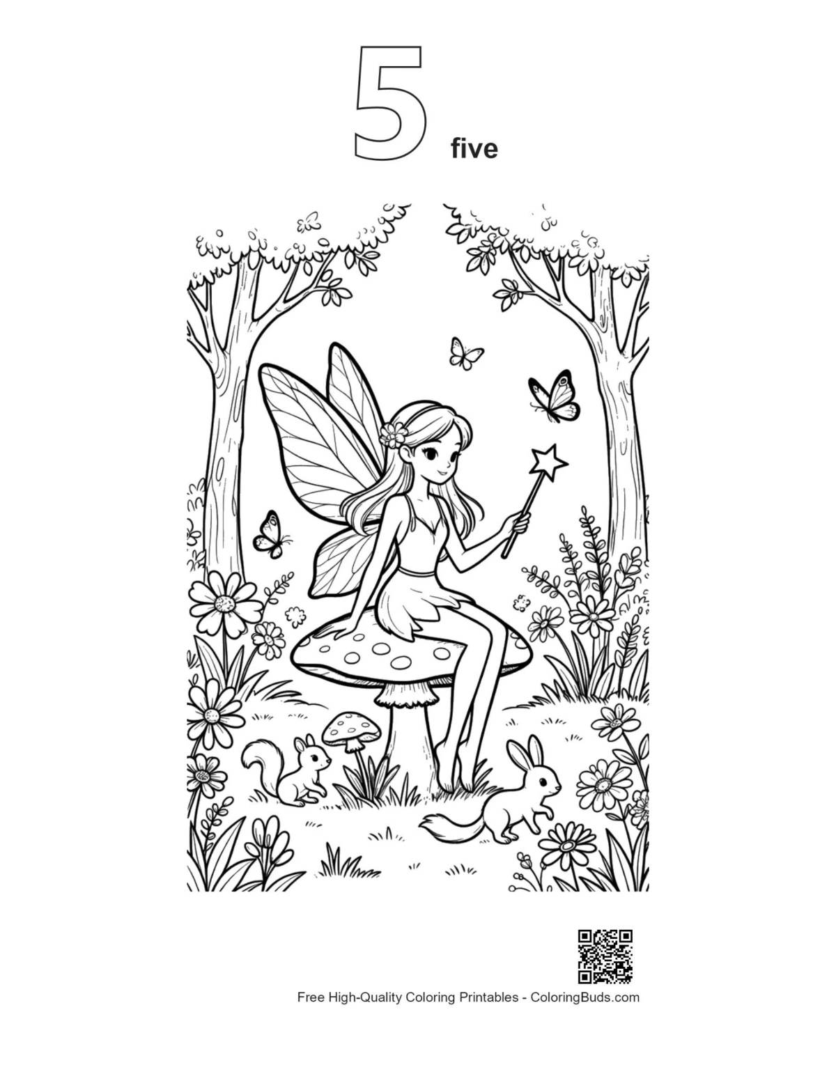 Garden fairy coloring page with number 5 outline