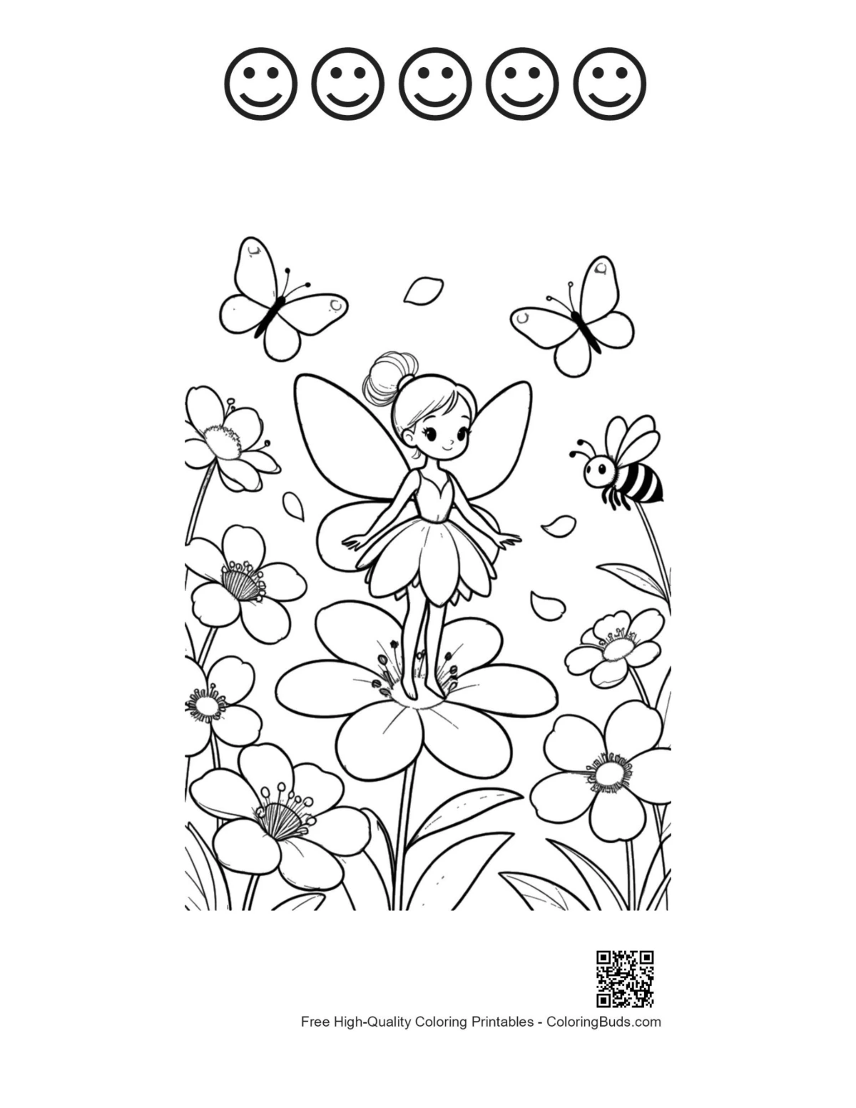 Garden fairy and happy faces printable outline