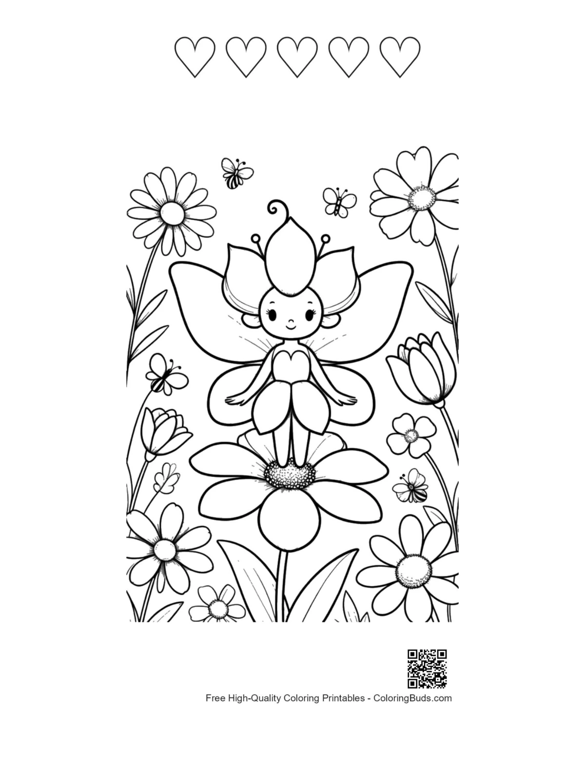 Garden Fairy coloring printable with 5 heart outlines