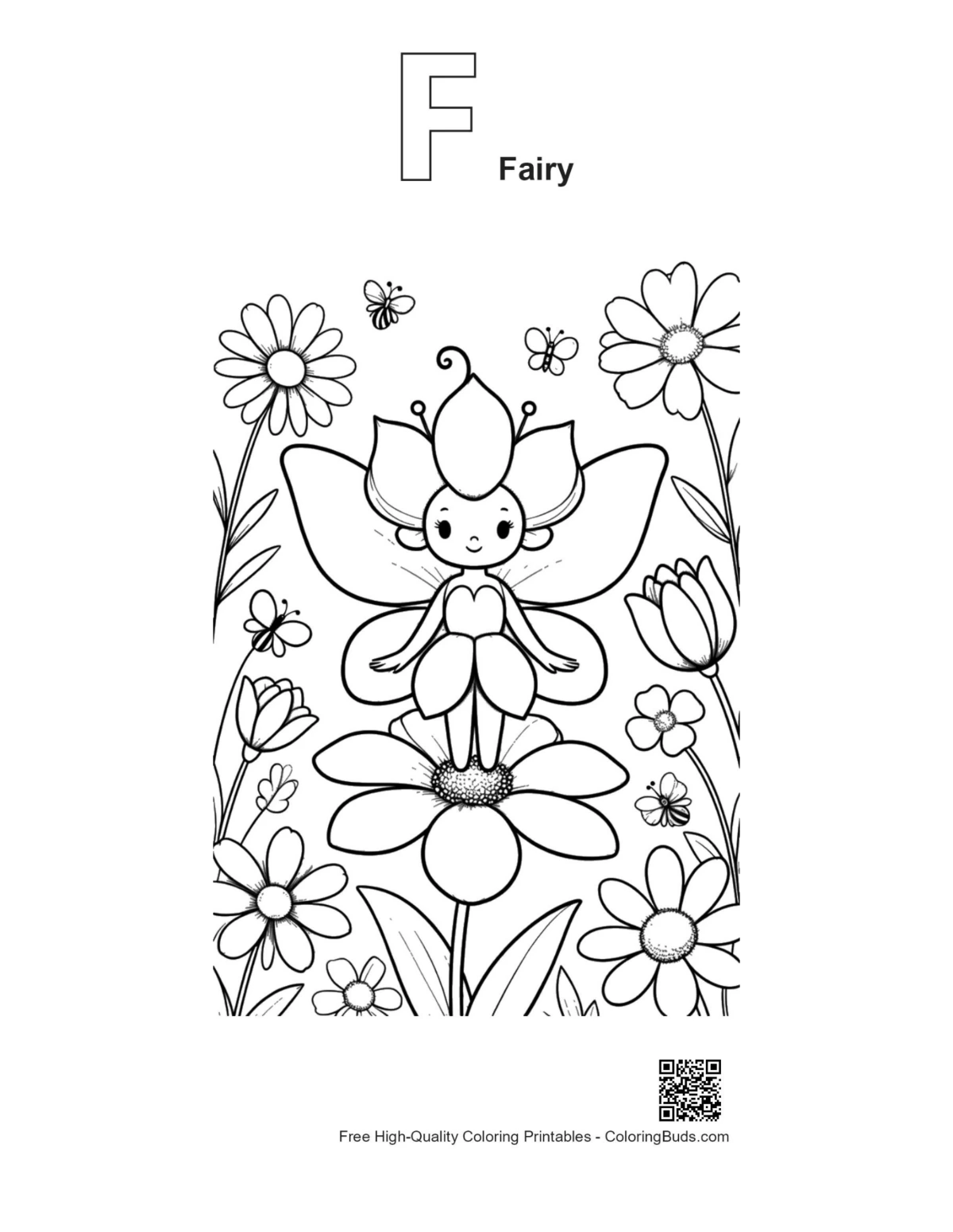 Garden Fairy coloring page with alphabet F fairy outline design