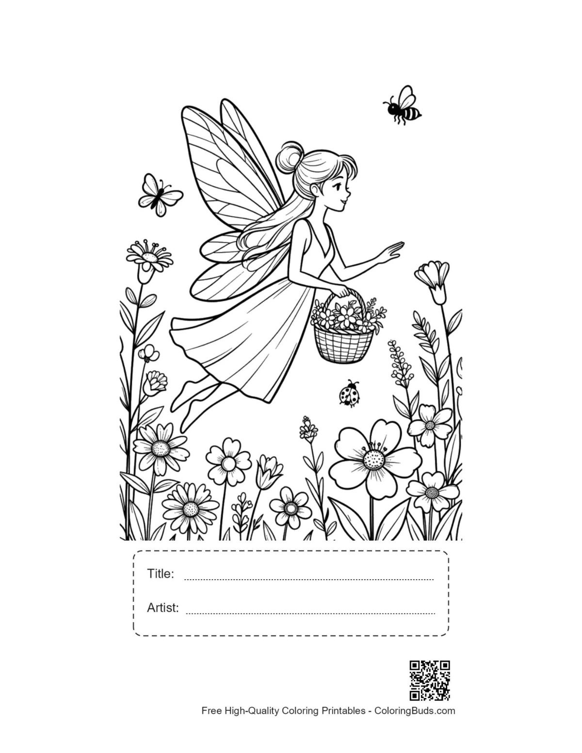 Cute garden fairy printable with title artist box