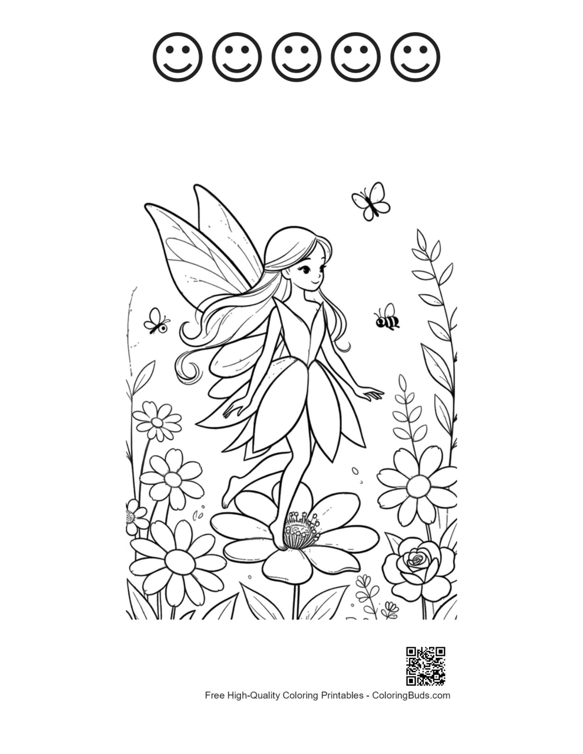 Garden fairy sheet with 5 happy faces outline