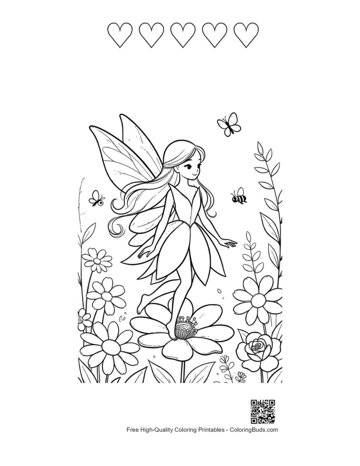 Garden fairy printable with 5 heart outlines