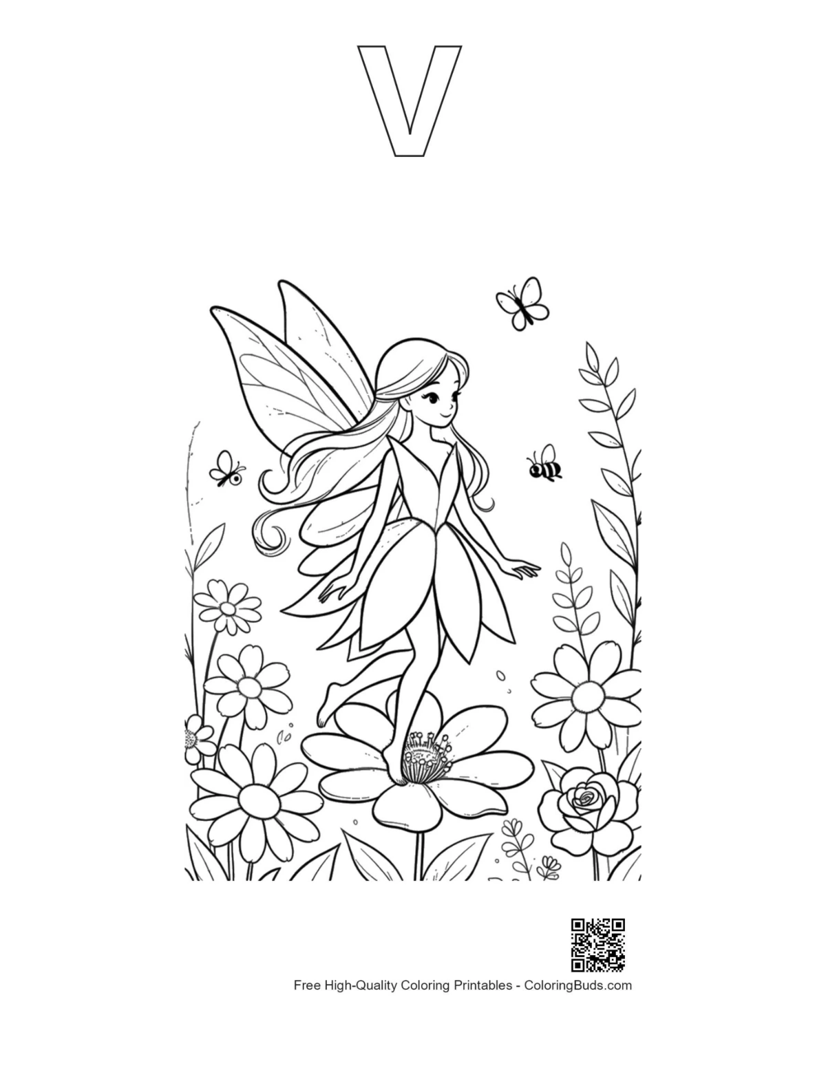 Garden fairy coloring with alphabet V outline