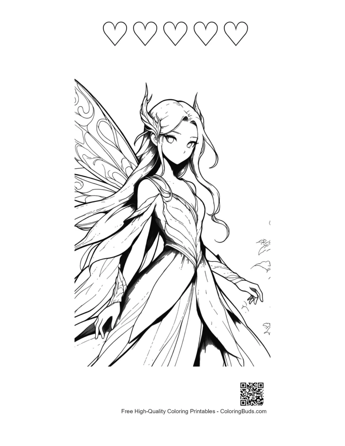 Gartenfee-Vorlage zum Ausdrucken mit 5 Herzumrissen