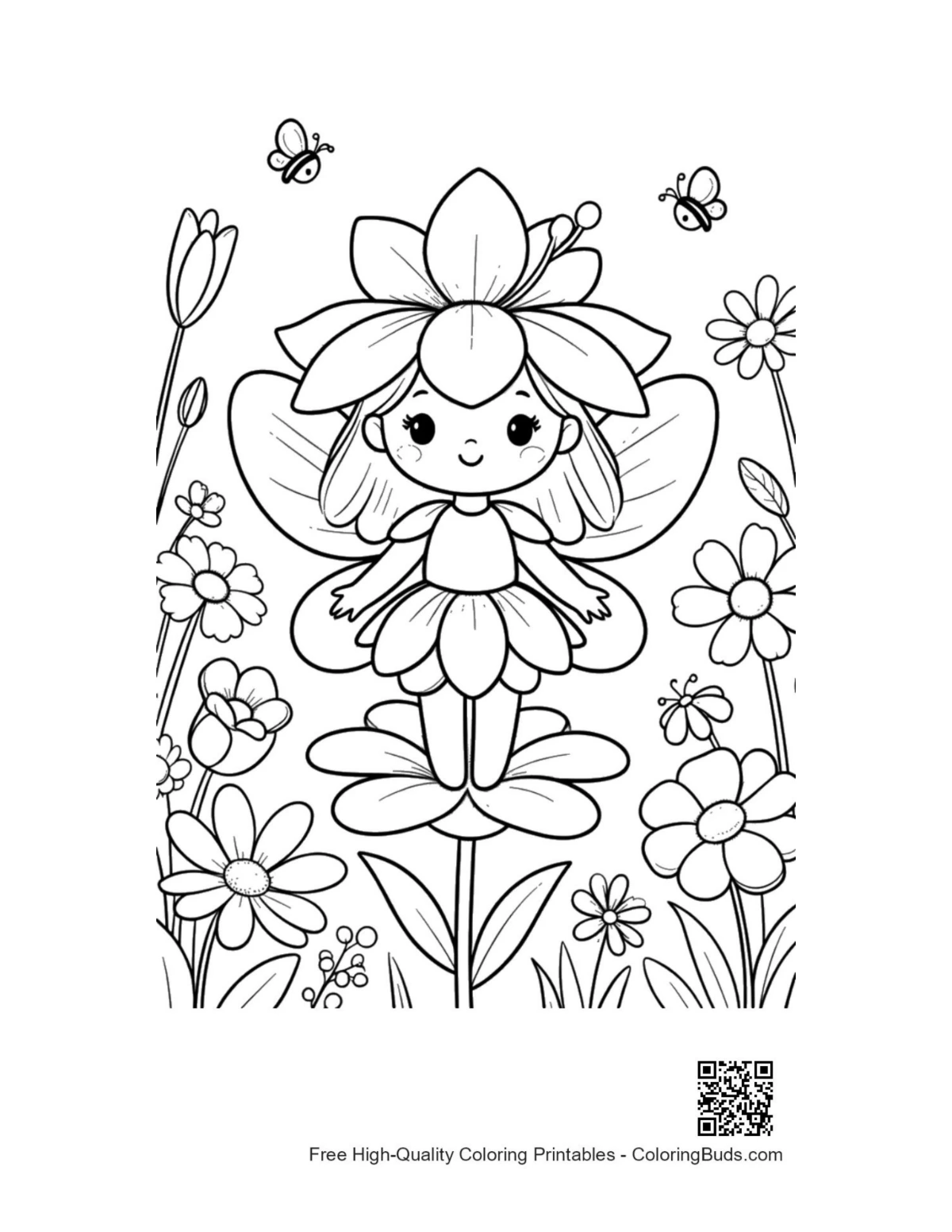 Flower fairy girl kids coloring page printable