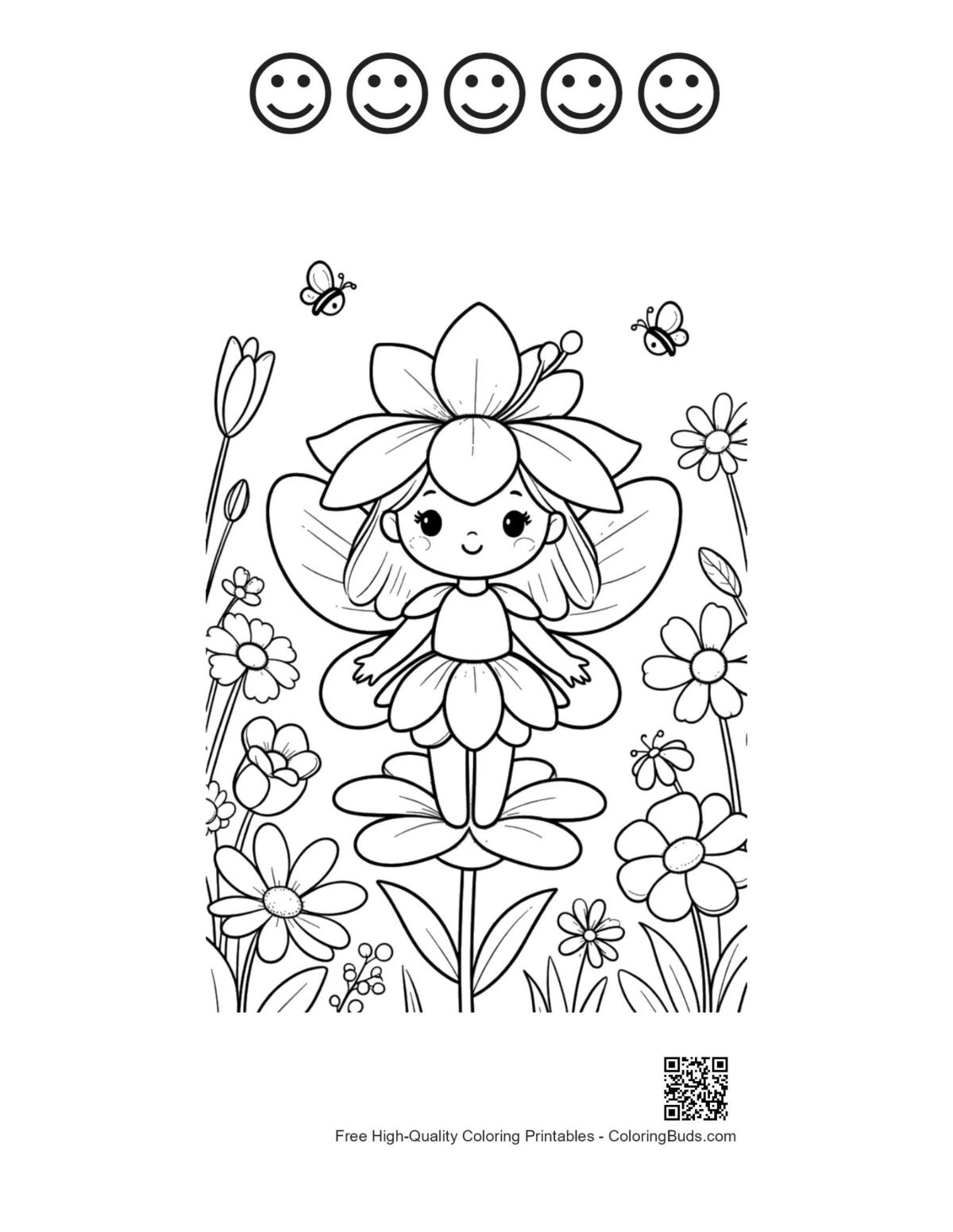 Garden fairy happy faces coloring sheet