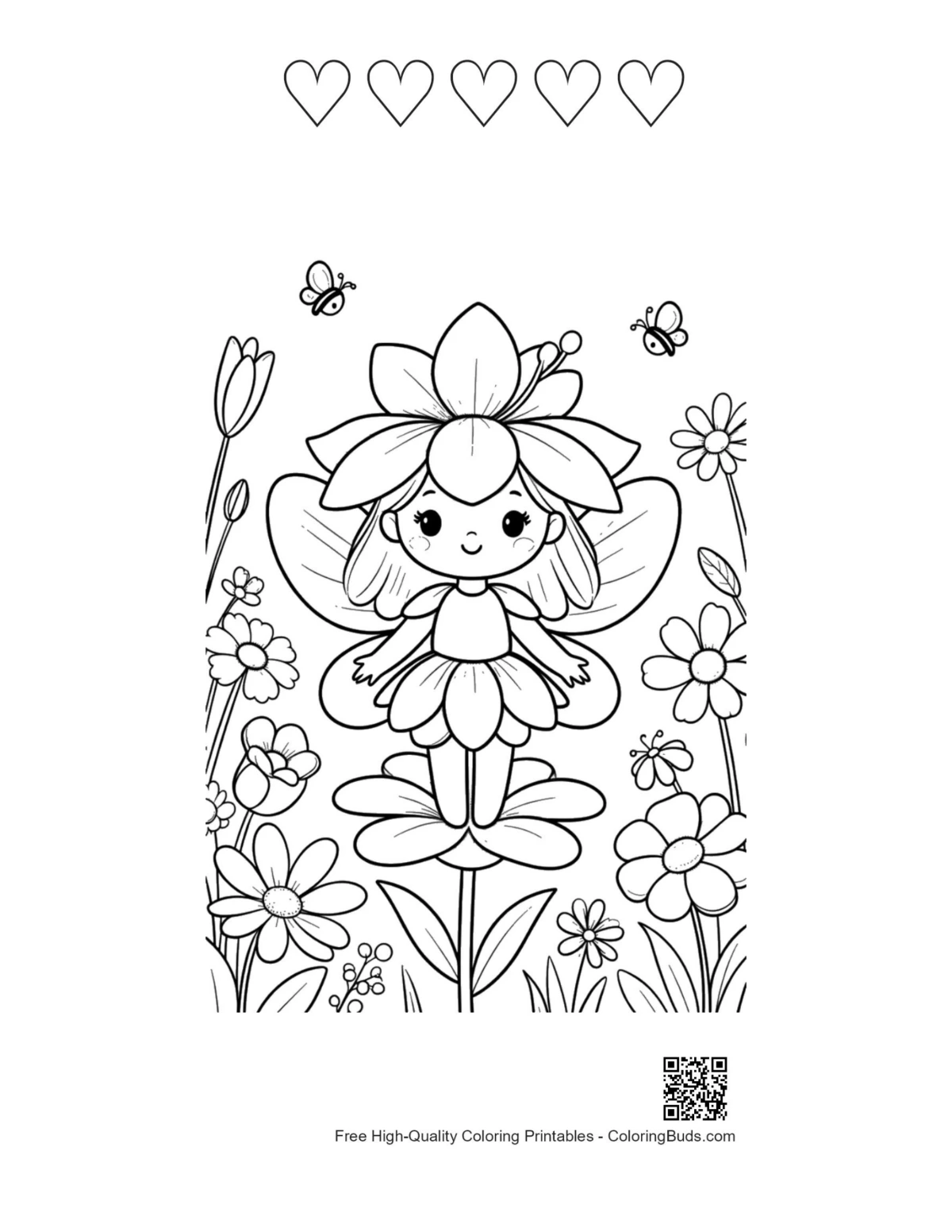 Fairy girl hearts outline coloring printable