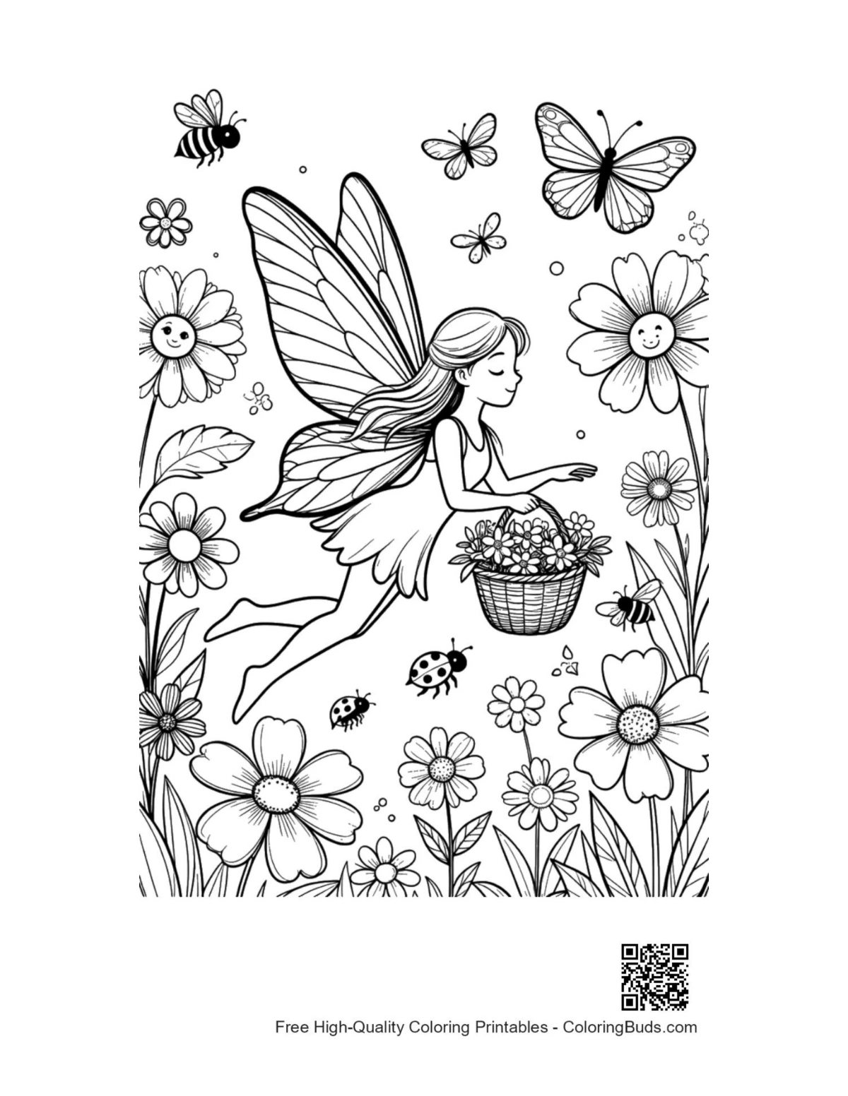 Flying flower fairy basket petals Garden Fairy coloring page