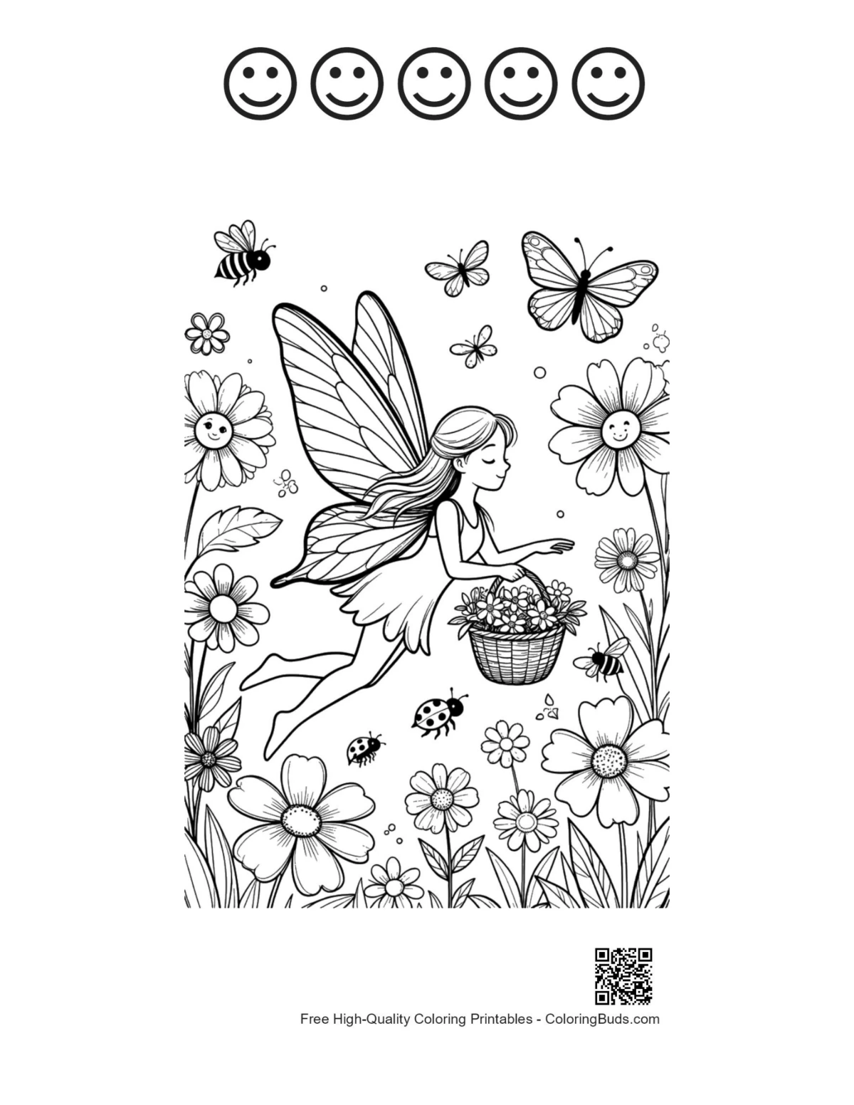 Flying flower fairy with 5 happy faces outlines printable