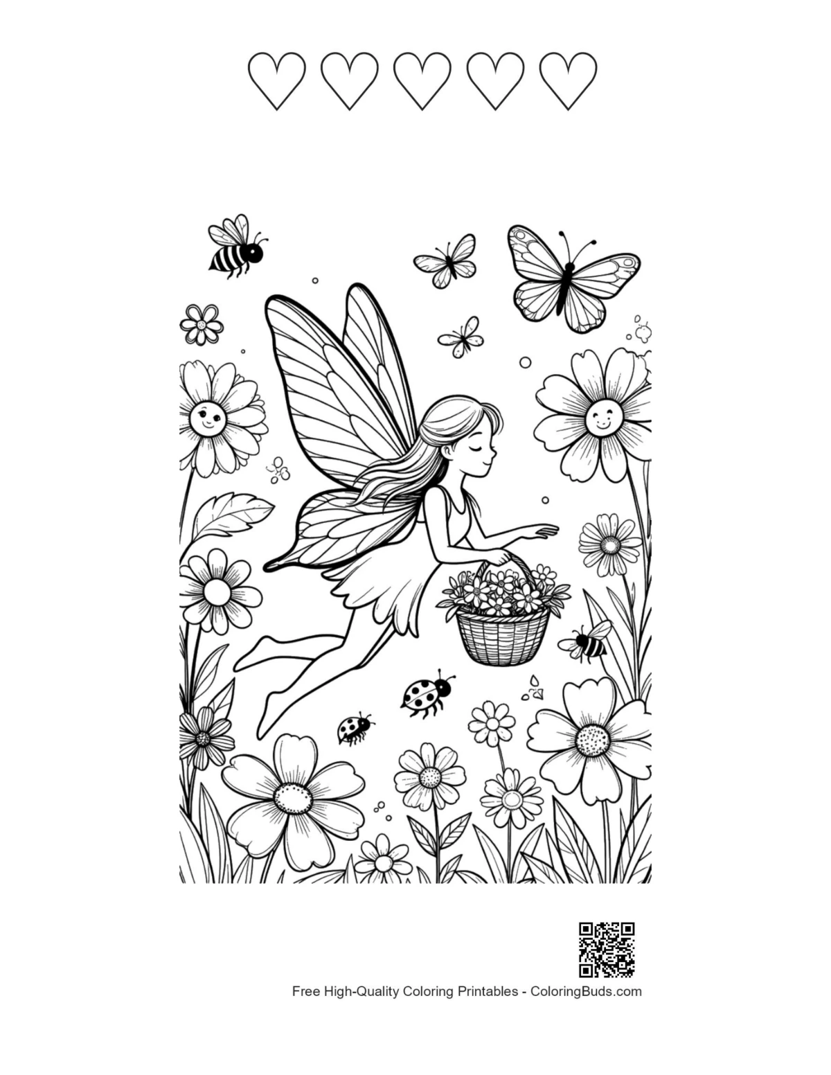 Flying flower fairy petals basket 5 hearts outline printable