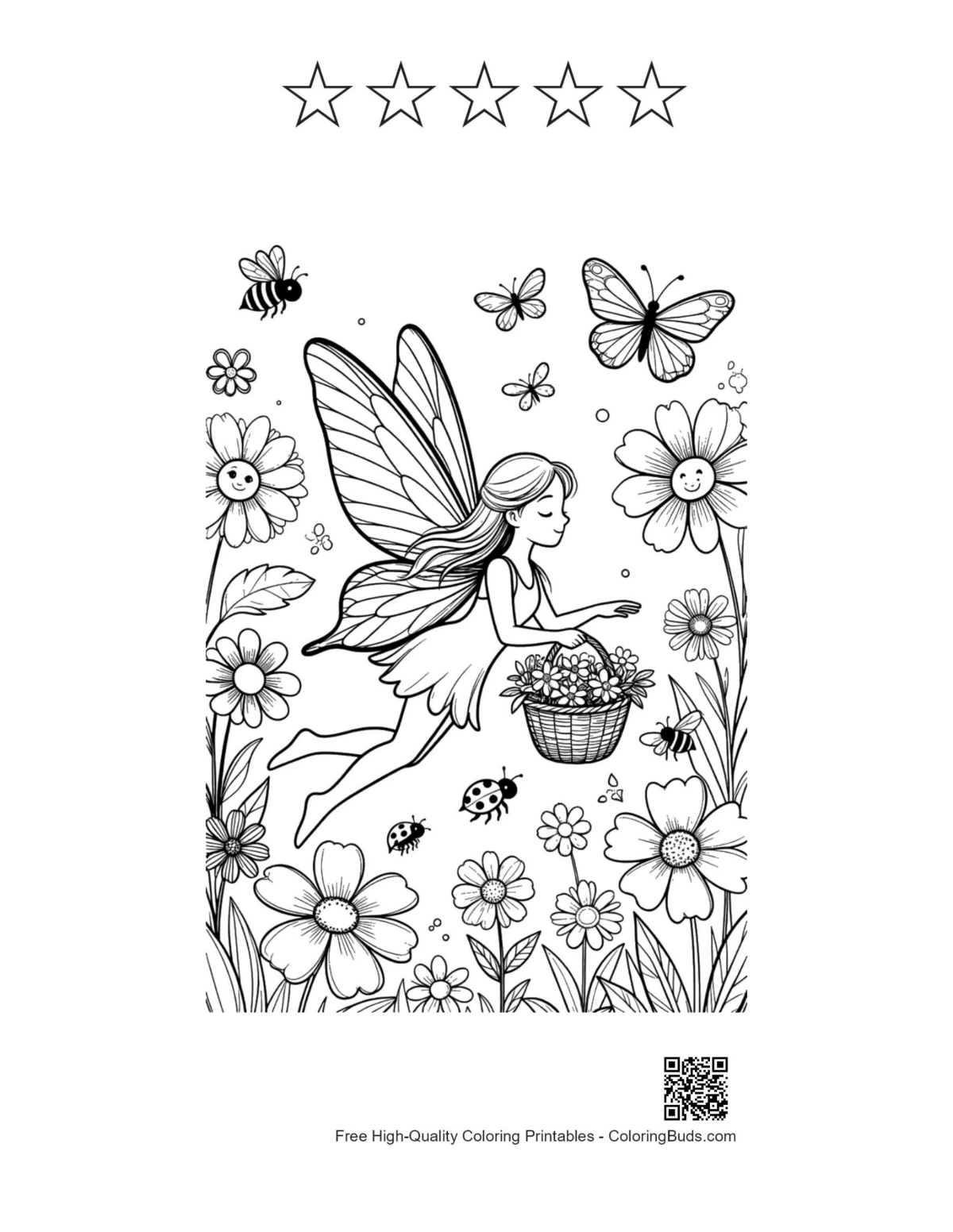 Flying flower fairy printable with 5 star outlines coloring page