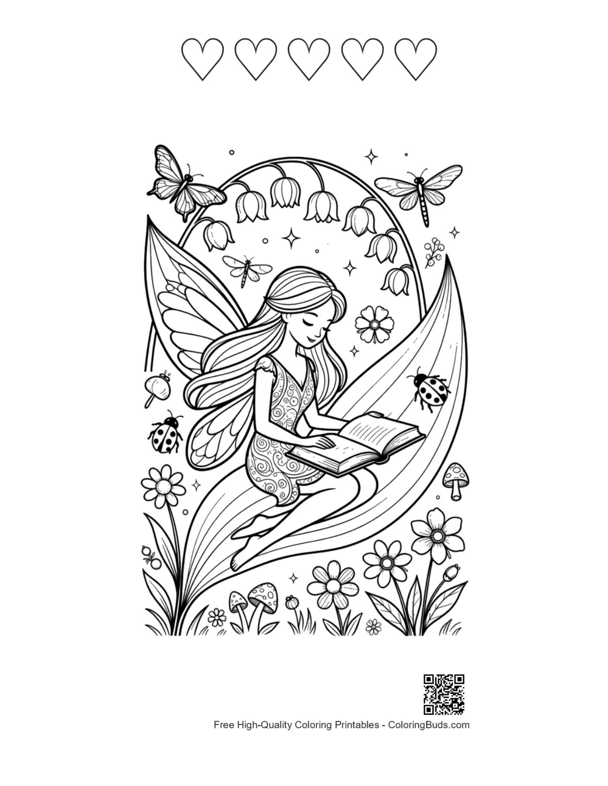 Garden fairy printable with 5 heart outlines