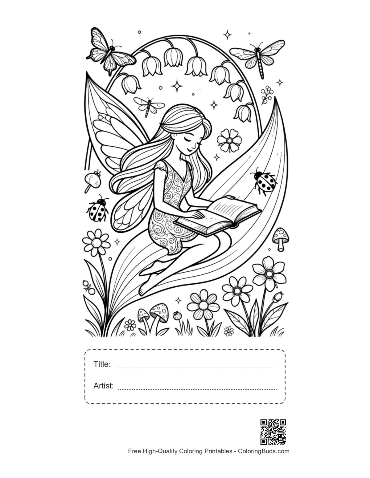 Garden fairy printable with title and artist box