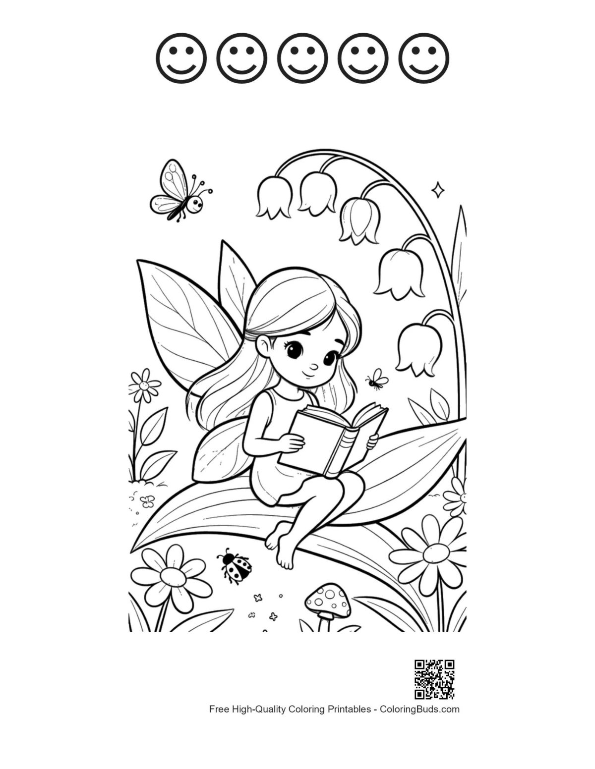 Free garden fairy printable featuring 5 happy face outlines