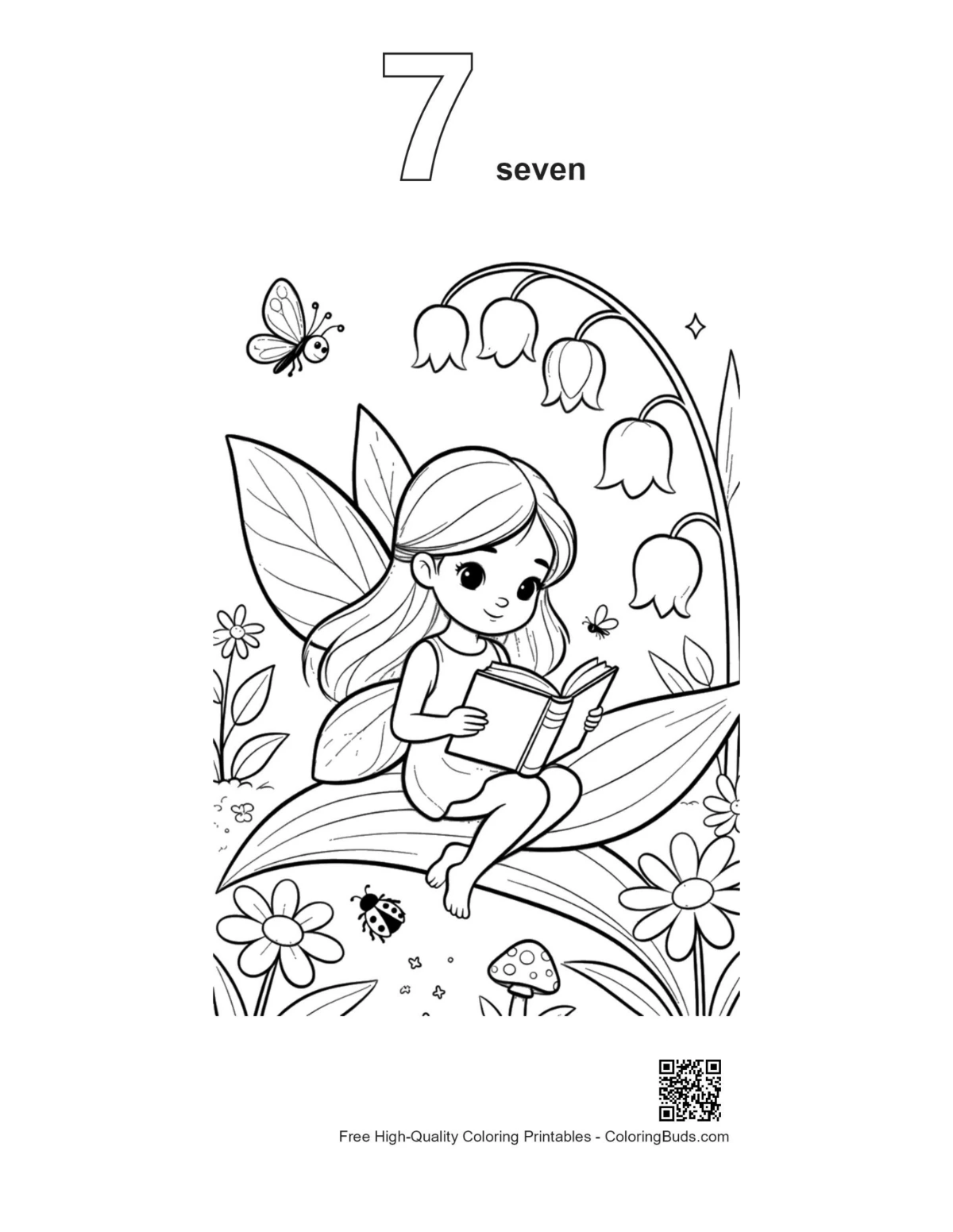 Garden fairy printable outline numbered 7 for coloring