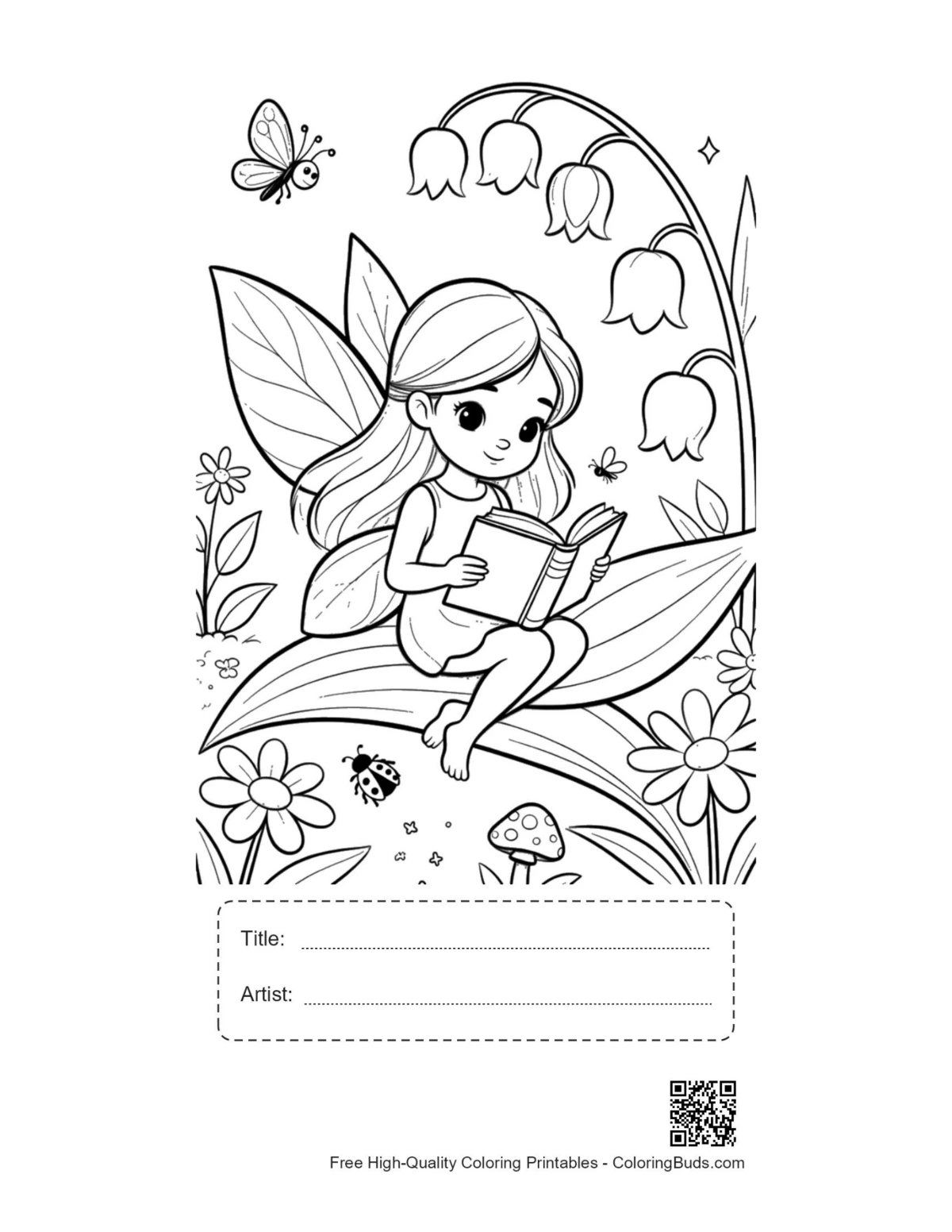 Free garden fairy printable featuring title and artist box