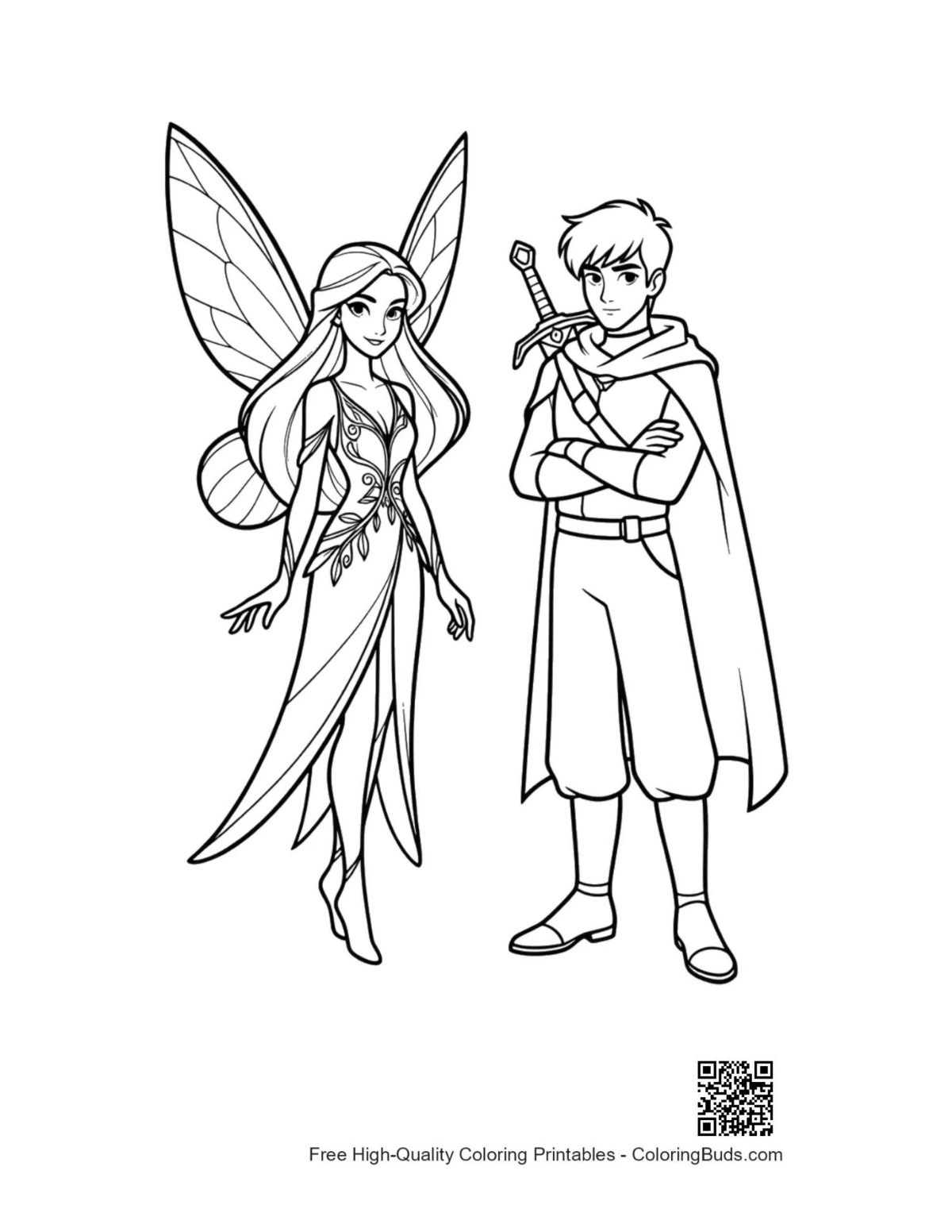 Garden fairy knight line art coloring page