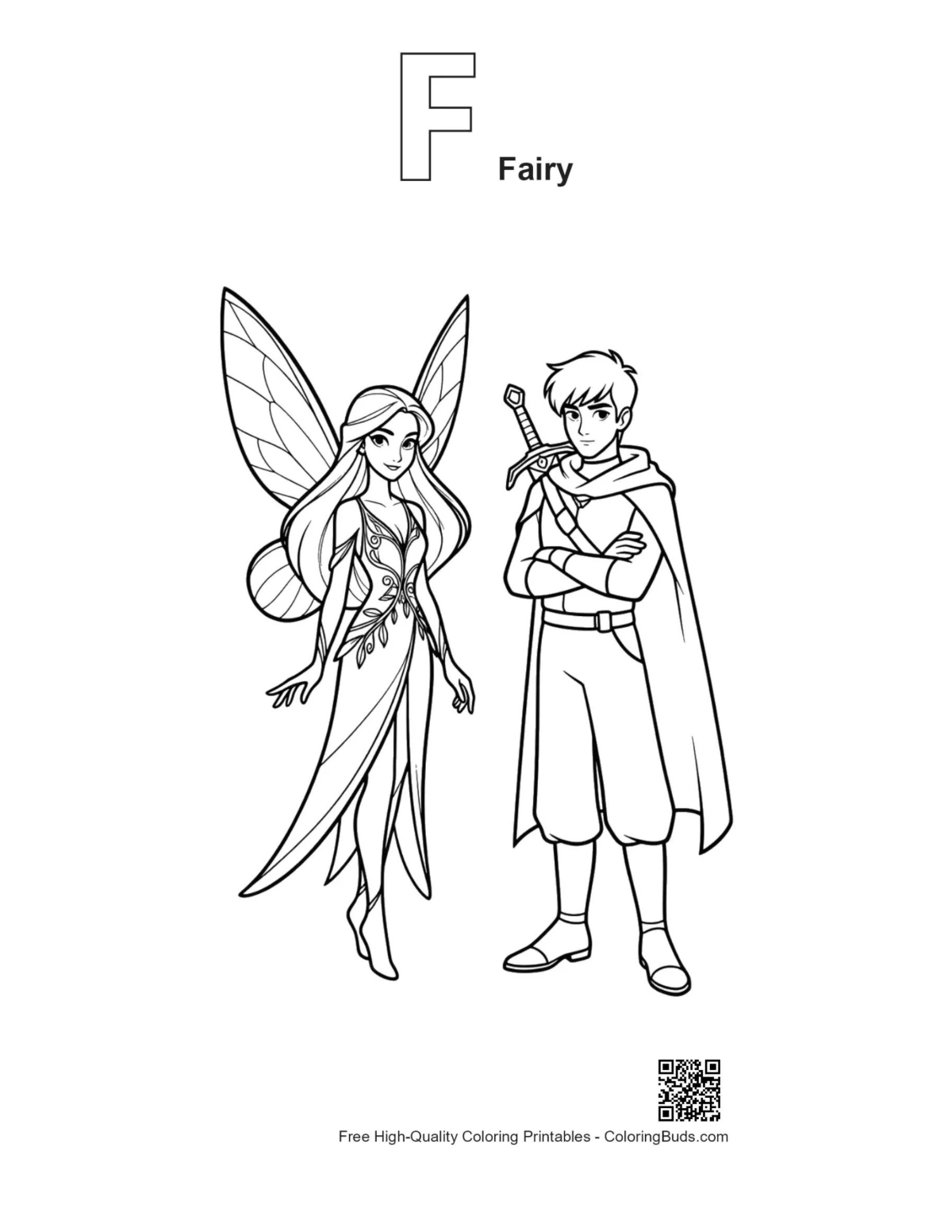 Garden fairy knight line art with alphabet F
