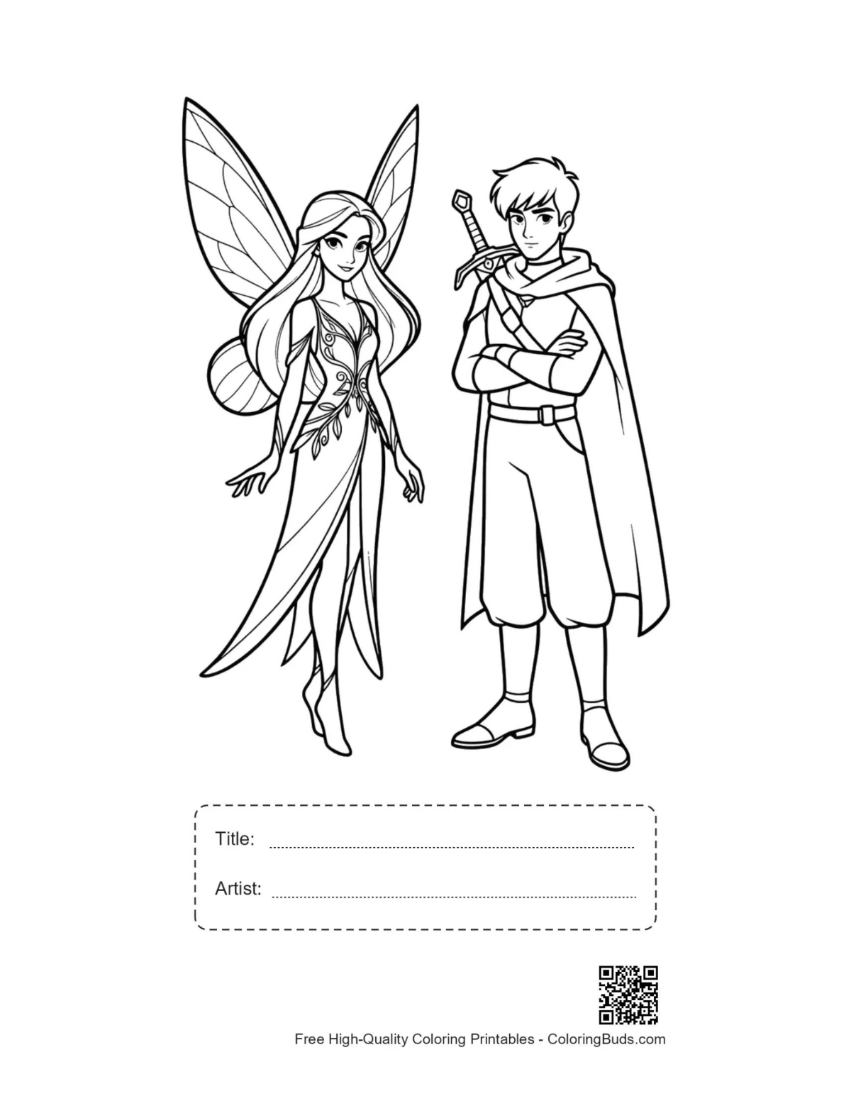 Printable garden fairy knight line art with title box