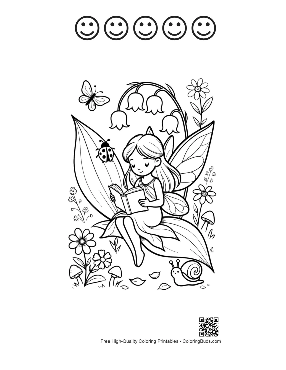 Garden fairy with 5 happy face outlines printable