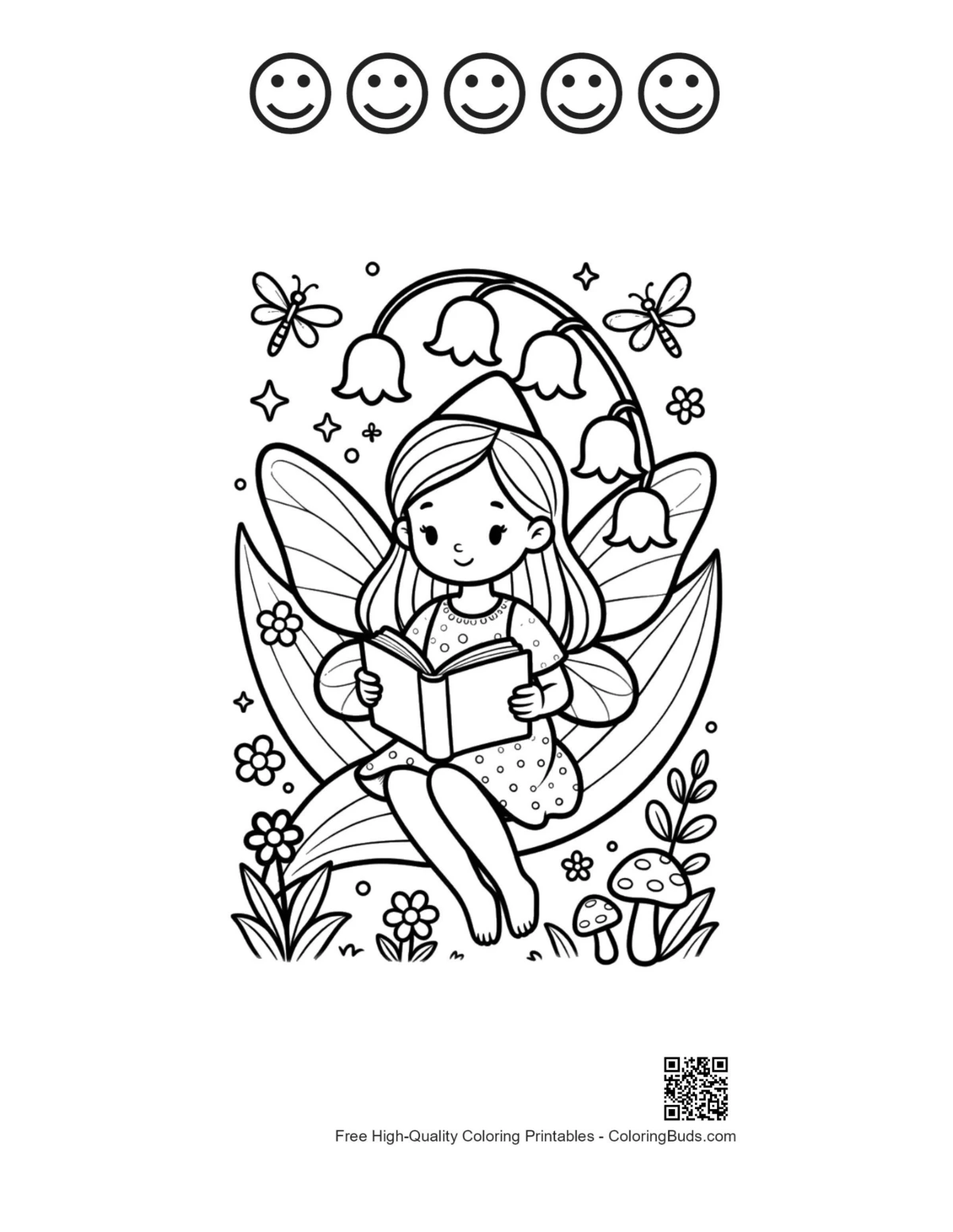 Garden fairy 5 happy face outlines printable