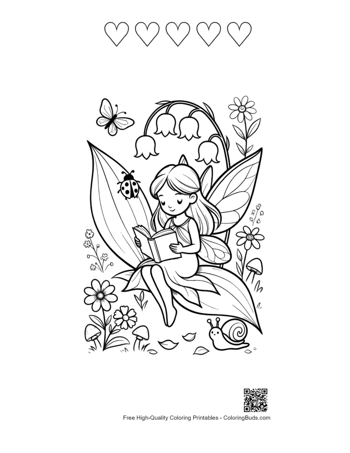 Garden fairy printable featuring 5 heart outlines