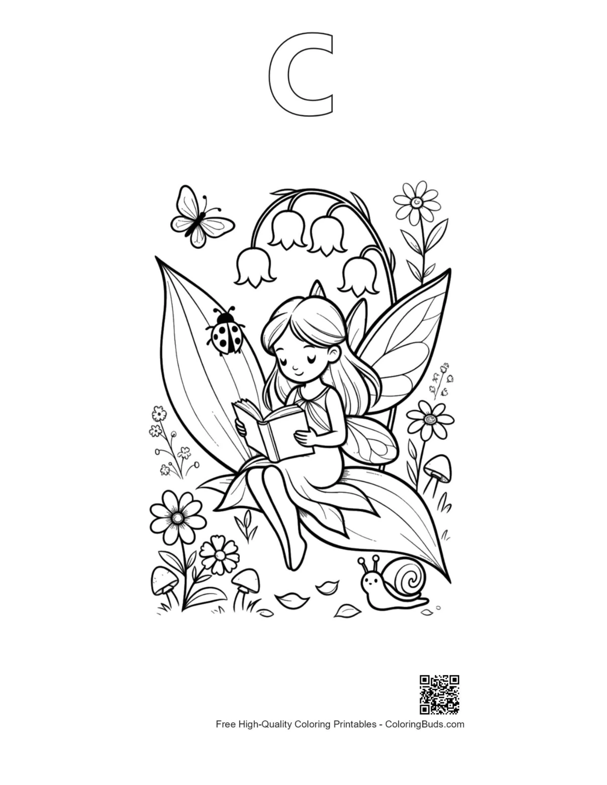 Garden fairy outline with alphabet C for kids