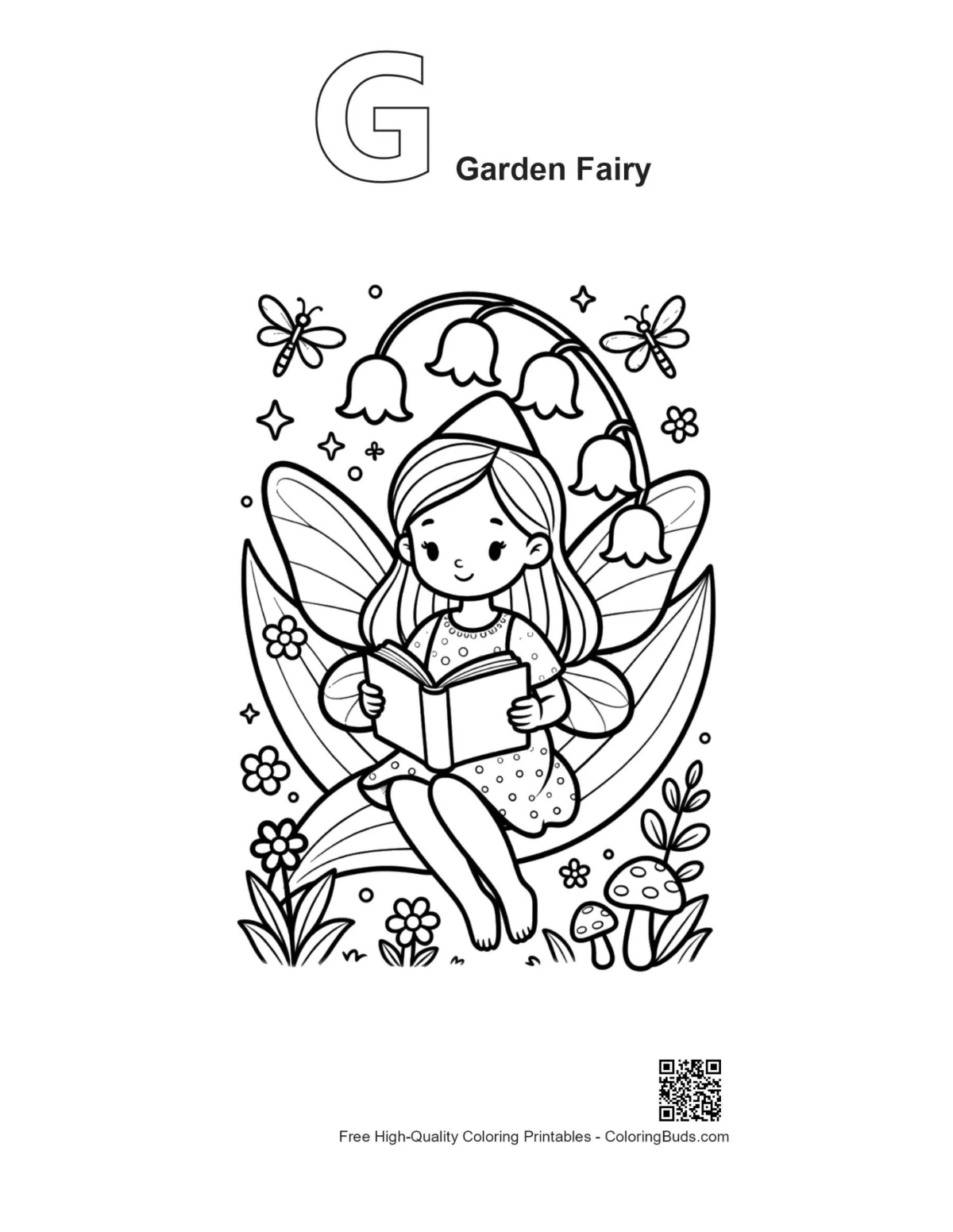 Garden fairy outline alphabet G printable kids