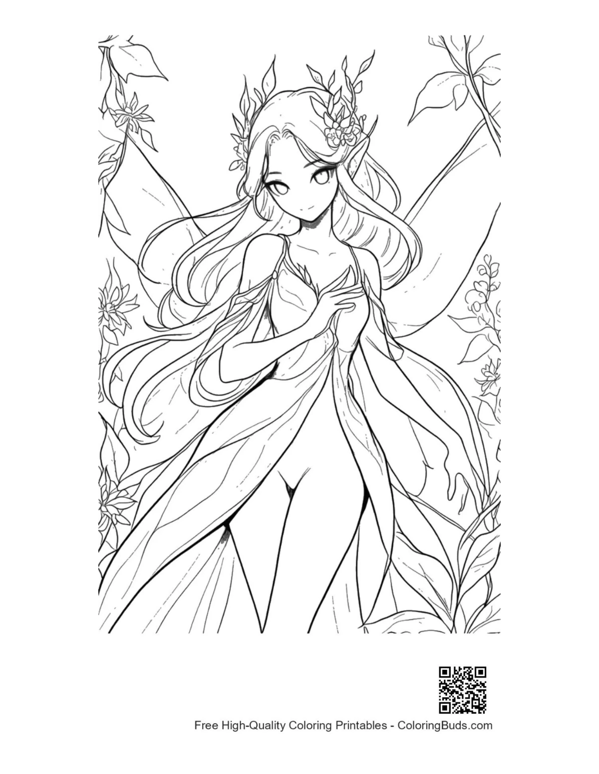 Garden fairy in flowering vines coloring page