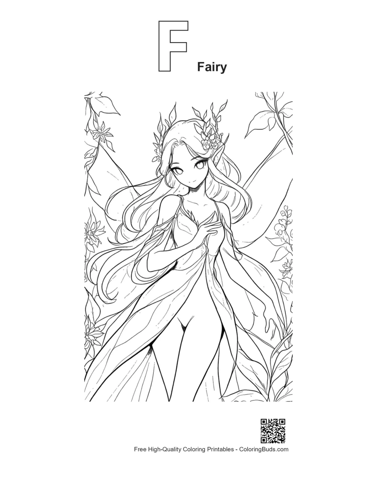 Garden fairy printable with F alphabet outline