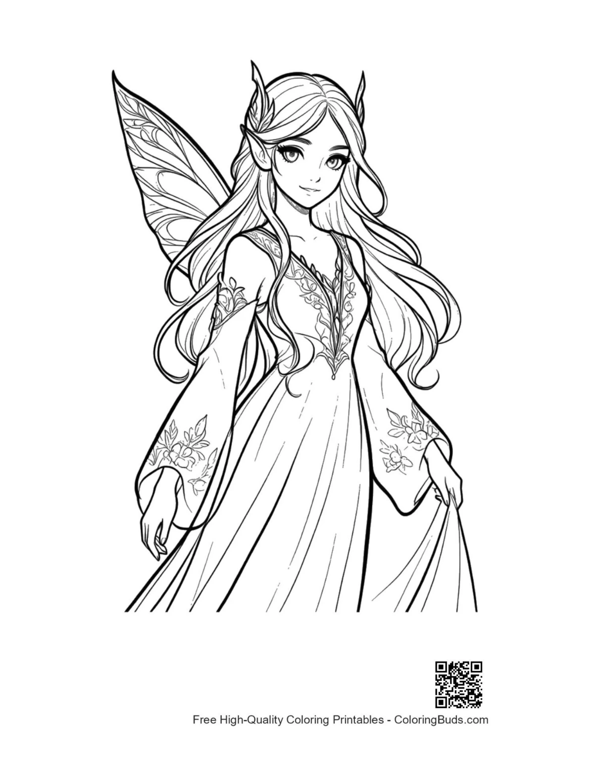 Garden Fairy in flowing gown coloring page