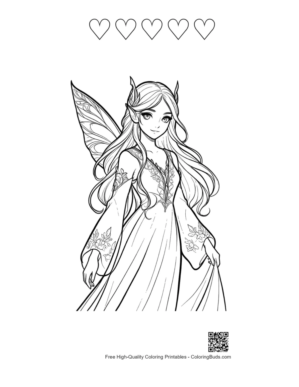 Garden Fairy printable with heart outlines