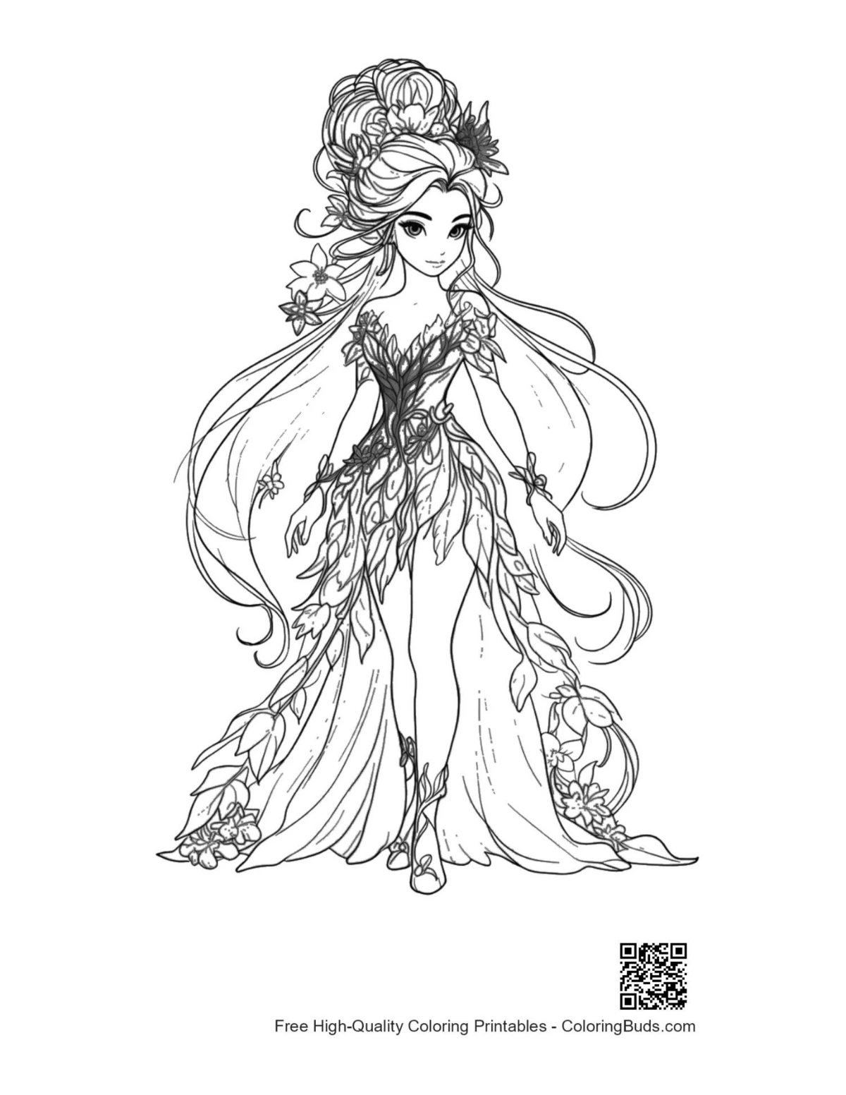 Garden fairy in leafy gown coloring page