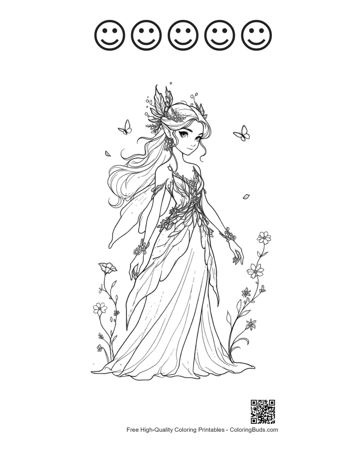 Garden fairy with 5 happy faces outline printable