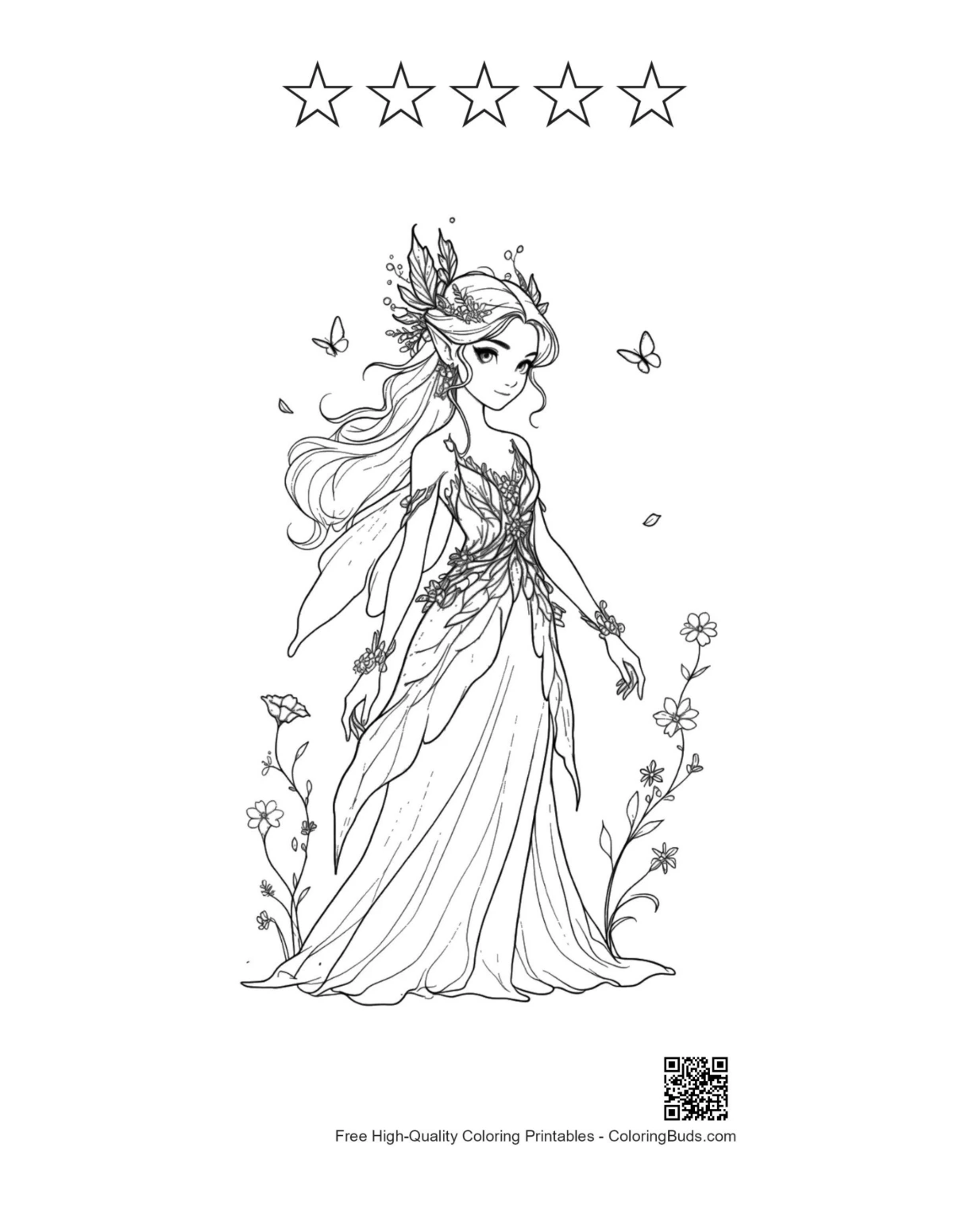 Garden fairy printable with 5 star outlines