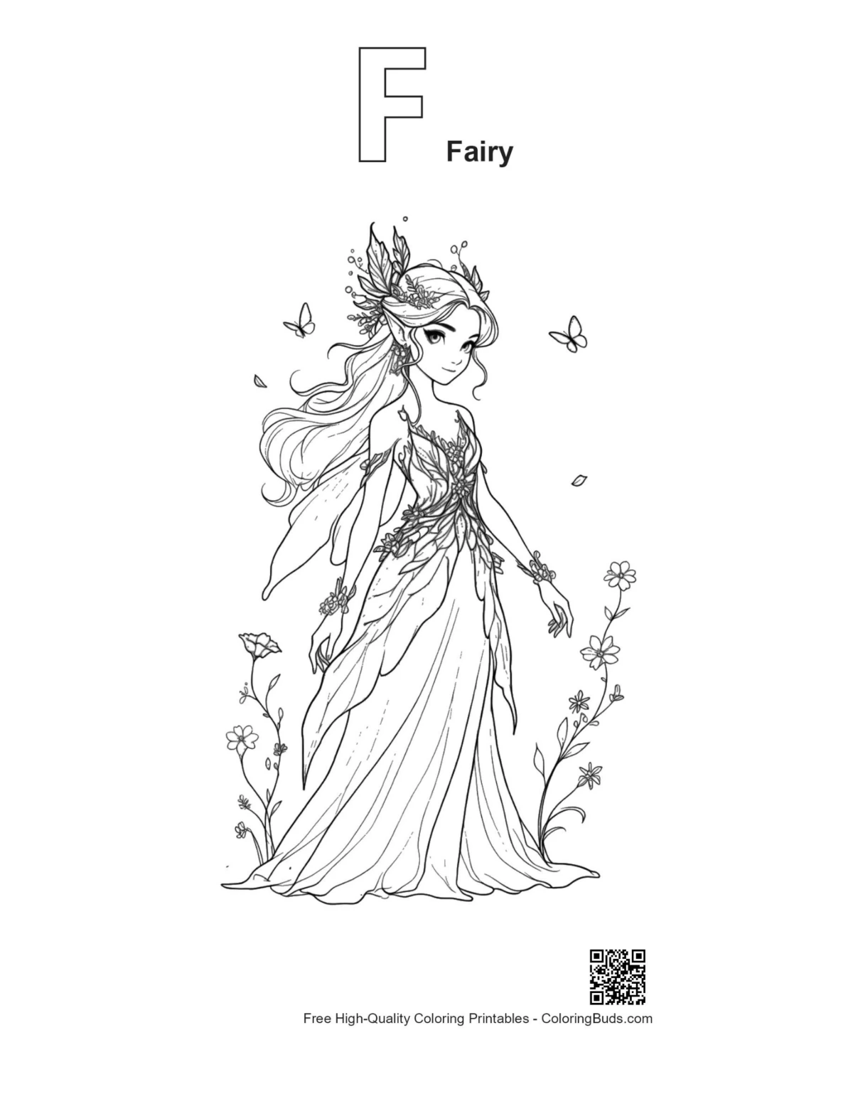 Garden fairy outline with alphabet F printable