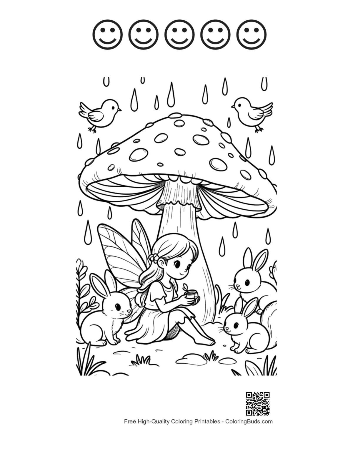Garden Fairy printable featuring 5 happy face outlines