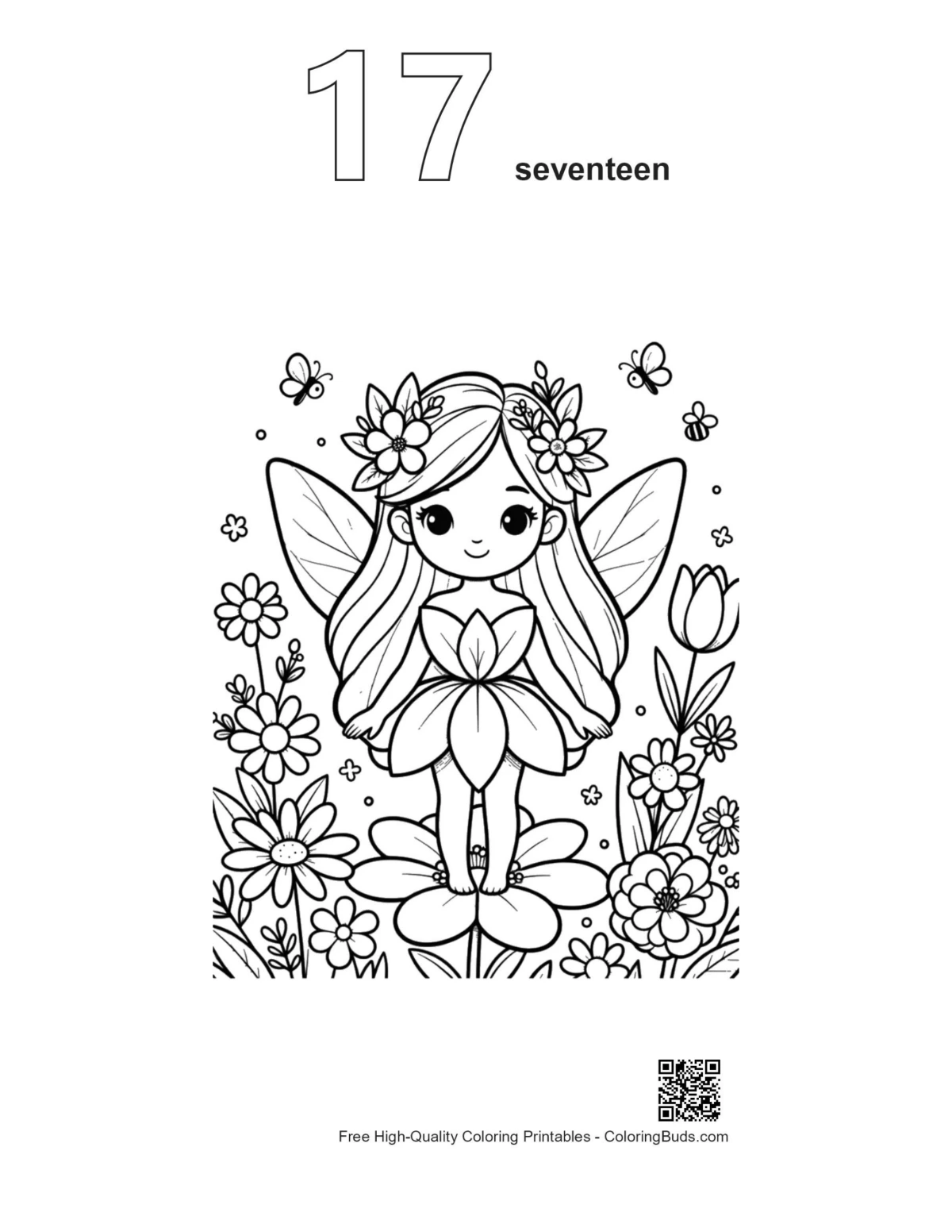 Spring fairy sunflower outline number 17 coloring page