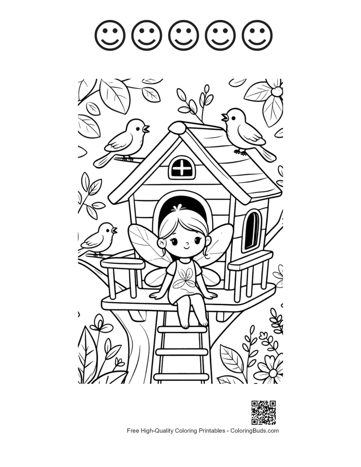 Garden fairy printable 5 happy faces birds balcony